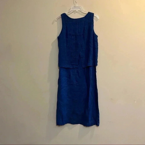 PURE JILL Sleeveless Linen Dress Tiered Overlay Crinkle Lagenlook Blue Petite S - Picture 8 of 12